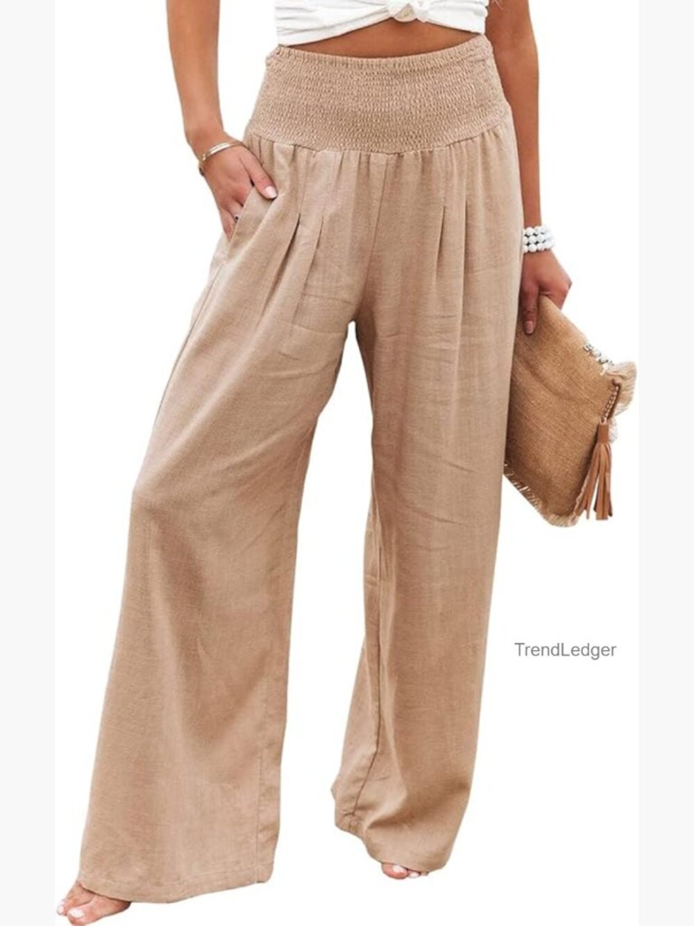 High Waisted Wide Leg Cotton Linen Palazzo Pants with Pockets